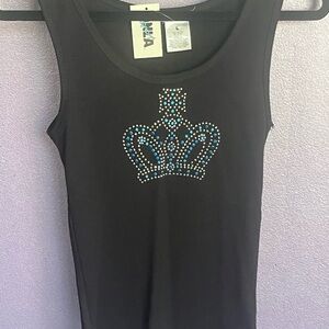 Black blue embellished royal crown cross blue silver beads tank top scoop jewel